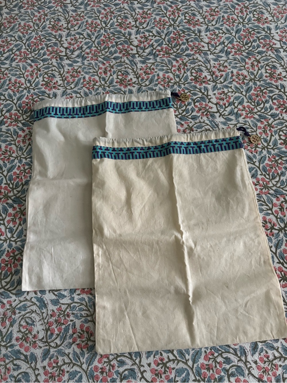 Tory Burch Cream Drawstring Dust Bags with Blue Trim (Pair)